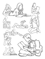 Kids reading book line art. Vector, illustration. Good use for symbol, logo, web icon, mascot, sign, coloring book, or any design you want.
