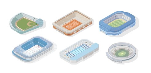 Bundle of isometric stadiums for various types of sports - basketball, football or soccer, cricket, swimming pool, hockey, baseball. Set of arenas isolated on white background. Vector illustration. © Good Studio