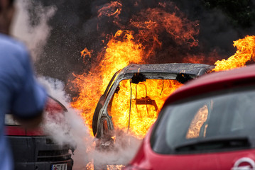 Cars on fire in Bucharest