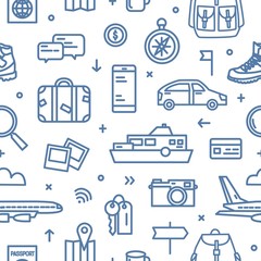 Monochrome seamless pattern with transports, tourism and adventure travel attributes drawn with blue contour lines on white background. Touristic backdrop. Modern vector illustration in lineart style.