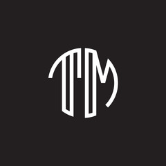 Initial letter TM, minimalist line art monogram circle shape logo, white color on black background