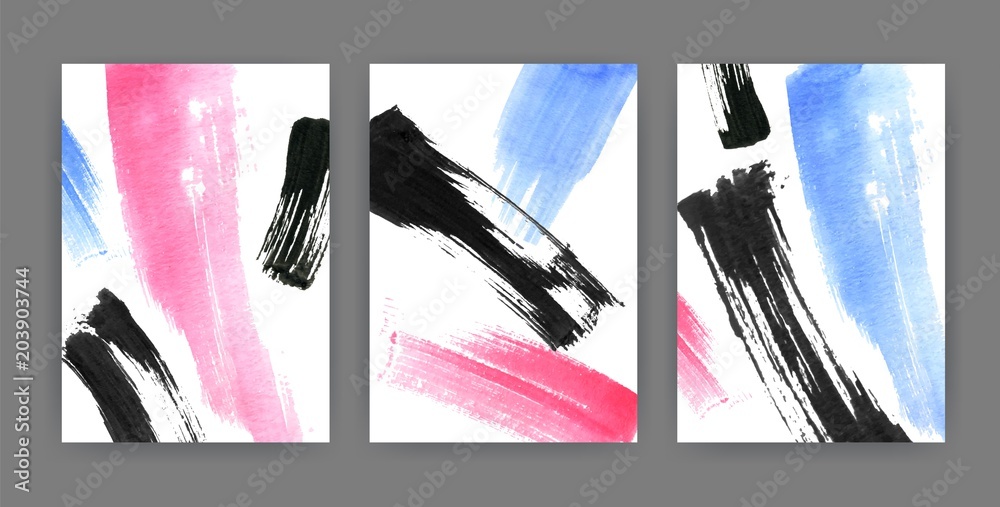 Poster set of vertical backgrounds or backdrops with abstract colored paint stains, blots, smudges. bundle 