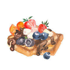 Delicious crispy Viennese waffles with berry and chocolate painting by watercolor on white background, hand drawn illustration
