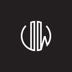 Initial letter UW, VW, minimalist line art monogram circle shape logo, white color on black background
