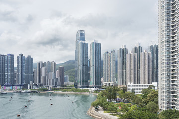 Skyline and harbor of Hong Kong city