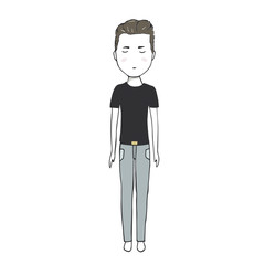 Young guy in black T-shirt hipster men digital art drawing illustration brown hair rock biker boy on white background