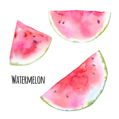 Watercolor watermelon set. Hand painted slices of juicy summer fruit isolated on white background. Healthy food clip art