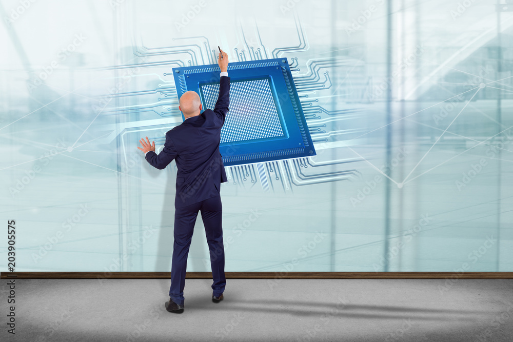 Poster businessman in front of a wall with a processor chip and network connection - 3d render