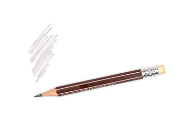 Naklejka premium Wooden graphite pencil with eraser tip and sketch isolated on white background, top view