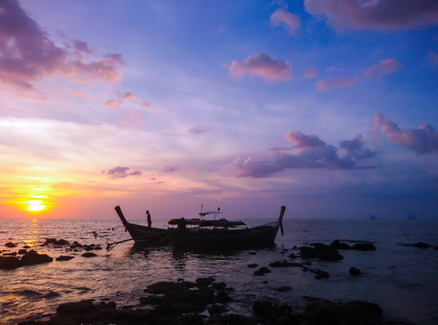 Sunset and Boat at Koh Bulone island, Panka Yai beach, Satun Thailand