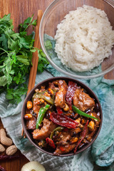 Homemade Kung Pao chicken with peppers and vegetables