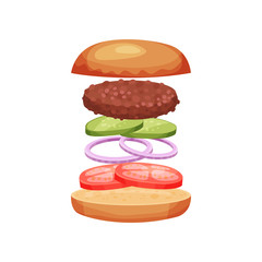 Burger with flying ingredients tomatoes, onion rings, cucumbers and grilled cutlet. Delicious snack. Flat vector design for menu