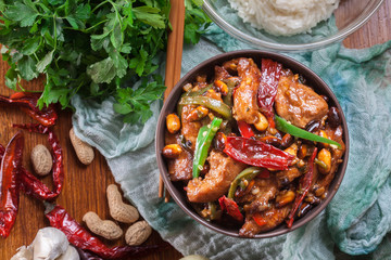 Homemade Kung Pao chicken with peppers and vegetables