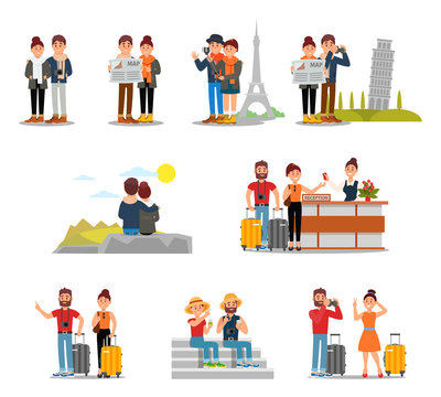 Flat vector set of tourists with suitcases, maps and cameras. People traveling Europe. Young couple at hotel reception. Man and woman on vacation