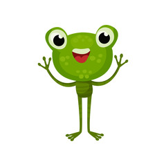 Adorable frog with cheerful face expression. Cartoon character of friendly green toad with paws up. Flat vector for children book