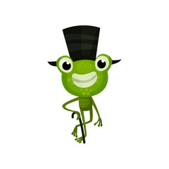 Cheerful frog with black top hat and cane. Funny green toad with happy face expression. Flat vector design for children book