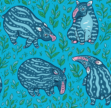Cartoon tapirs seamless pattern. Blue tapirs with light stripes in the leafs. Vector illustration