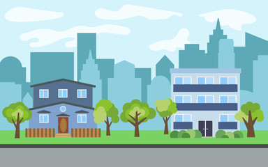 Fototapeta premium Vector city with three-story and two-story cartoon houses and green trees in the sunny day. Summer urban landscape. Street view with cityscape on a background 