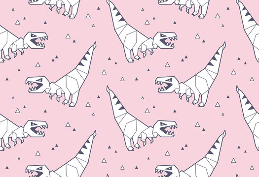 Vector seamless pattern with white origami dinosaurs t-rex isolated on pink background. Cartoon vector tiles