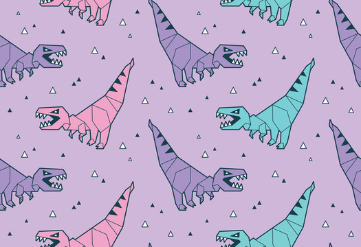 Vector seamless pattern with blue and pink origami dinosaurs t-rex. Cartoon vector tiles