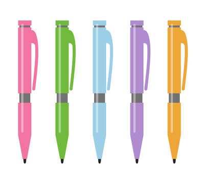 Set of five multi-colored pens. Vector illustration

