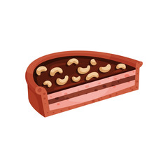 Half of chocolate pie with nuts. Tasty and sweet dessert for coffee break. Confectionery product. Flat vector element for promo poster