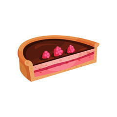 Pie with delicious filling. Half of tasty dessert decorated with ripe pink raspberries. Appetizing sweet food. Flat vector icon