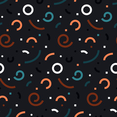 Memphis abstract geometric seamless pattern with colorful circles, spirals, archs on gray background. Cute vector retro design for fashion textile print, wallpaper, packaging, banner, poster, giftwrap