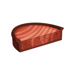 Half of chocolate pudding pie. Delicious dessert. Appetizing confectionery product. Sweet food theme. Flat vector design