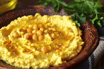 Homemade traditional lebanese chickpea hummus.