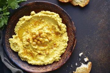 Homemade traditional lebanese chickpea hummus.Top view .
