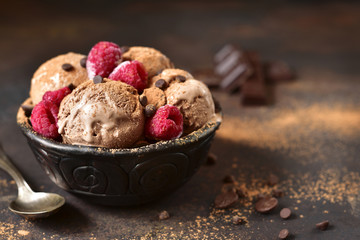 Homemade chocolate ice cream with raspberry and chocolate chips.