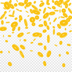 Chinese yuan coins falling. Scattered disorderly CNY coins on transparent background. Dramatic top gradient vector illustration. Jackpot or success concept.