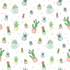 Wall murals Plants in pots Cute vector seamless pattern with small succulents in different teacups. A small haworthia, aloe vera, echeveria and others. Design for greeting cards, wrapper, fabric and other objects