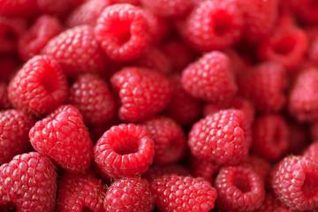 Ripe raspberries macro. Selective focus. Fruit background with copy space. Summer and berries harvest concept. Vegan, vegetarian, raw food.