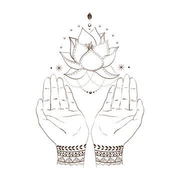 Woman's hands with mehendi design and soaring Lotus flower. Hindu motifs. Outline hand drawn illustration. Concept women's health, gratitude, spirituality etc.