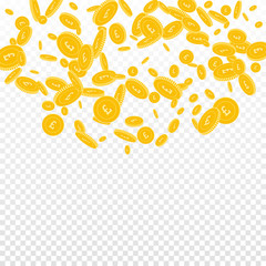 British pound coins falling. Scattered disorderly GBP coins on transparent background. Quaint top semicircle square vector illustration. Jackpot or success concept.