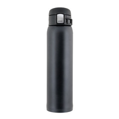 Black closed plastic thermos stands isolated on white
