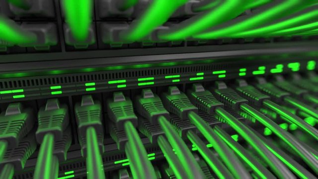 Close-up view of modern internet network switch with plugged ethernet cables. Blinking green lights on internet server. 4k 3d endless loop.