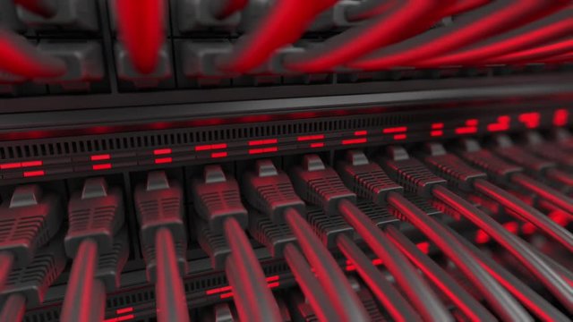 Close-up view of modern internet network switch with plugged ethernet cables. Blinking red lights on internet server. 4k 3d endless loop.