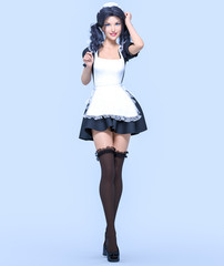 Naklejka premium 3D beautiful young attractive girl maid black dress,stockings and white apron.Woman uniform.Woman studio photography.High heel.Conceptual fashion art.Seductive candid pose.Realistic render 