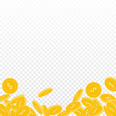 American dollar coins falling. Scattered big USD coins on transparent background. Precious abstract bottom vector illustration. Jackpot or success concept.