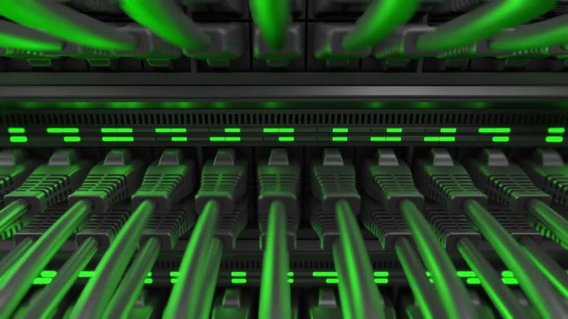 Close-up view of modern internet network switch with plugged ethernet cables. Blinking green lights on internet server. 4k 3d endless loop.