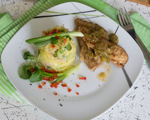Pork with leek and mashed potatoes with spring onion