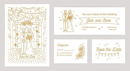Bundle of Save The Date card, wedding invitation and response note templates with cartoon bride and groom drawn with contour lines on white background. Vector illustration for in modern lineart style.