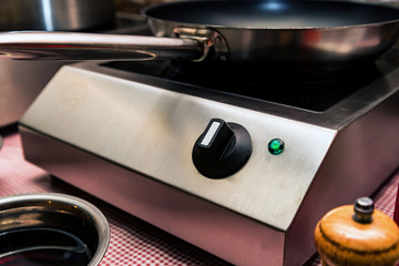 Close up small cooktop with frying pan on it