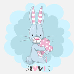 Cute little cartoon rabbit hand drawn vector illustration. Can be used for baby t-shirt print, fashion print design, kids wear.