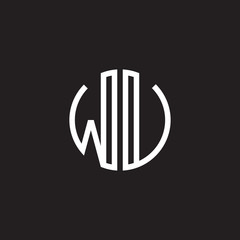 Initial letter WU, WV, minimalist line art monogram circle shape logo, white color on black background