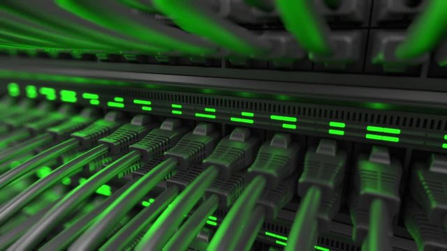 Close-up view of modern internet network switch with plugged ethernet cables. Blinking green lights on internet server. 4k 3d endless loop.