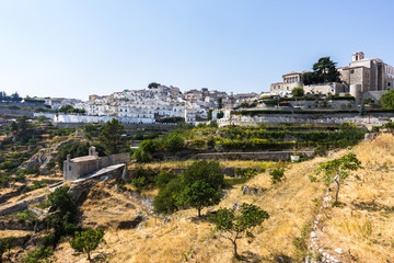 View of Monte Sant'Angelo, an historic town and pilgrimage site in Gargano peninsula, Apulia, Italy